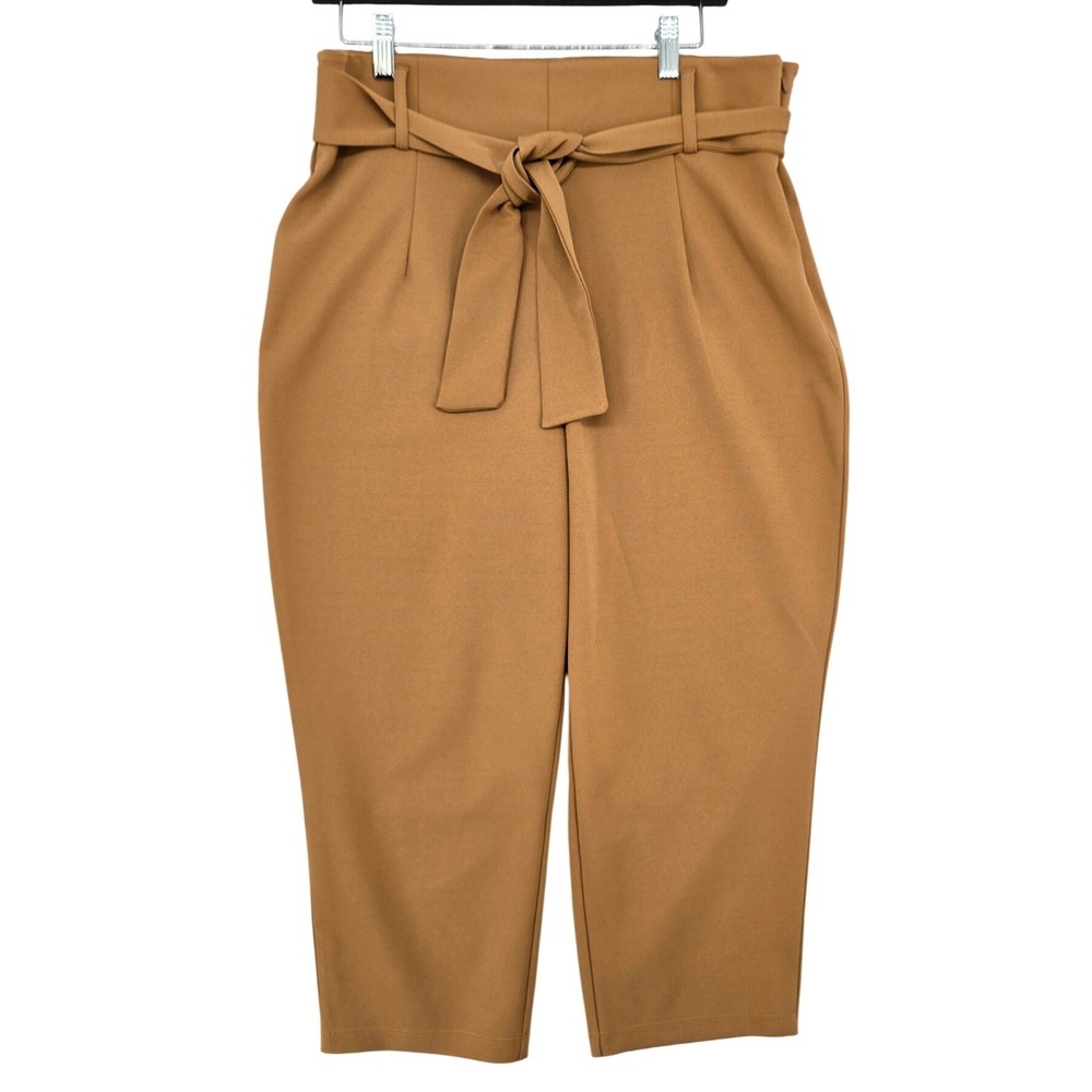 Leith Paperbag Cropped Pants Women LARGE Camel Tan Excellent High Waist Tie Belt